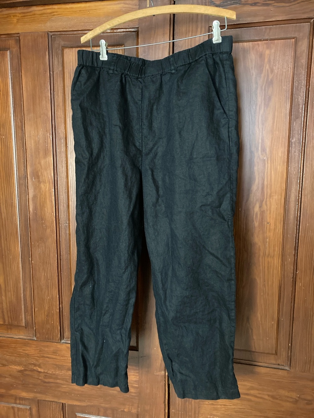 Quince Black Cropped Elastic-Waist Pants Large 100% Linen Belt Loops